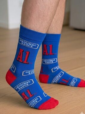 A1 Sauce socks size 6-12 shoe Print Novelty Crew Kraft food unisex crazy blue